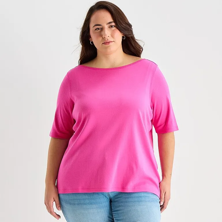 St. John's Bay Womens Plus Easy-on + Easy-off Boat Neck Short Sleeve Adaptive T-Shirt
