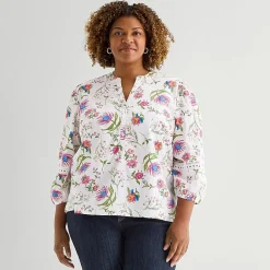 St. John's Bay Womens Plus Henley Neck 3/4 Sleeve Blouse