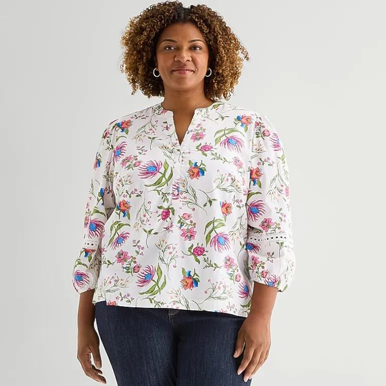 St. John's Bay Womens Plus Henley Neck 3/4 Sleeve Blouse
