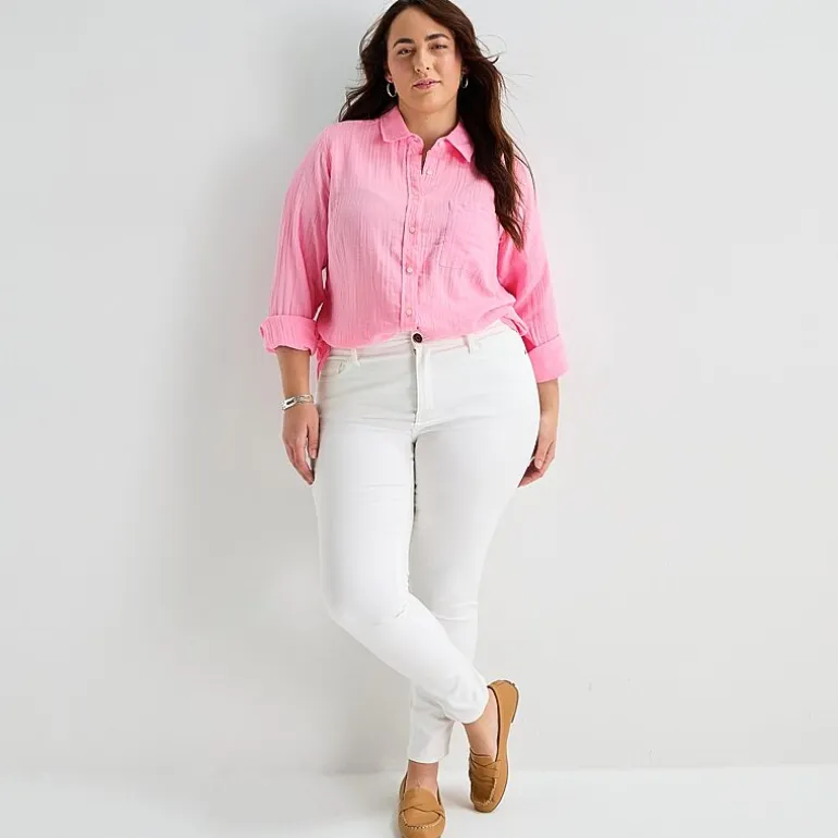 St. John's Bay Womens Plus Long Sleeve Relaxed Fit Button-Down Shirt