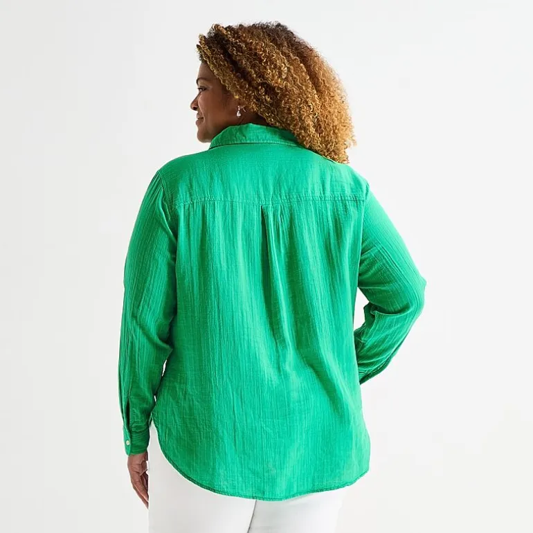 St. John's Bay Womens Plus Long Sleeve Relaxed Fit Button-Down Shirt