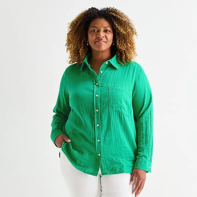 St. John's Bay Womens Plus Long Sleeve Relaxed Fit Button-Down Shirt