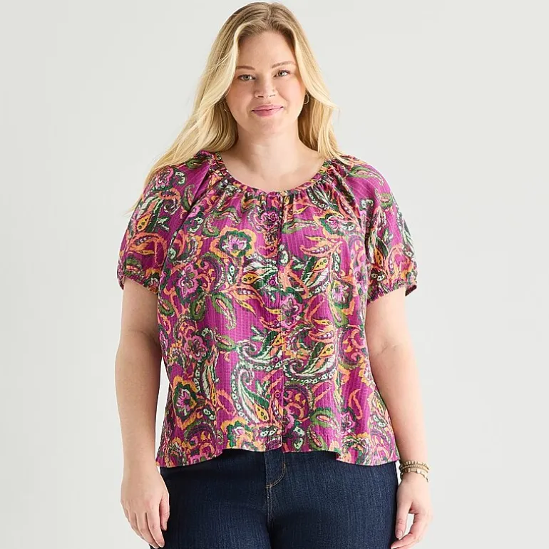 St. John's Bay Womens Plus Round Neck Short Sleeve Regular Fit Button-Down Shirt