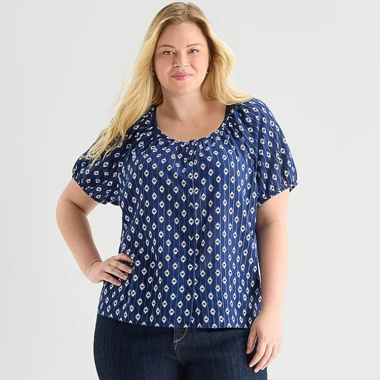 St. John's Bay Womens Plus Round Neck Short Sleeve Regular Fit Button-Down Shirt