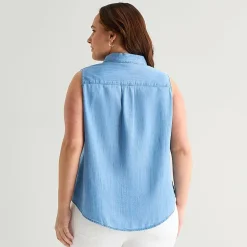 St. John's Bay Womens Plus Sleeveless Classic Fit Button-Down Shirt