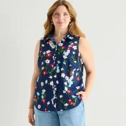 St. John's Bay Womens Plus Sleeveless Classic Fit Button-Down Shirt