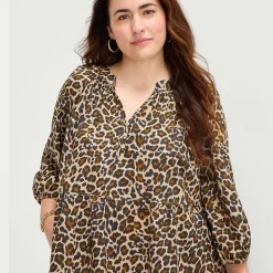 St. John's Bay Womens Plus Split Crew Neck Long Sleeve Animal A-Line Dress