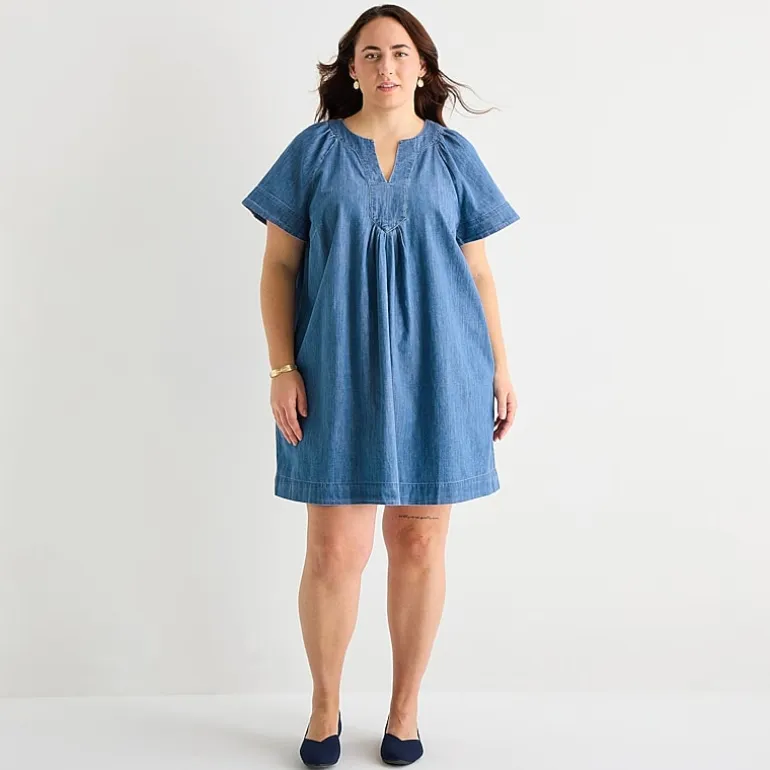 St. John's Bay Womens Plus Split Crew Neck Short Sleeve Sheath Dress