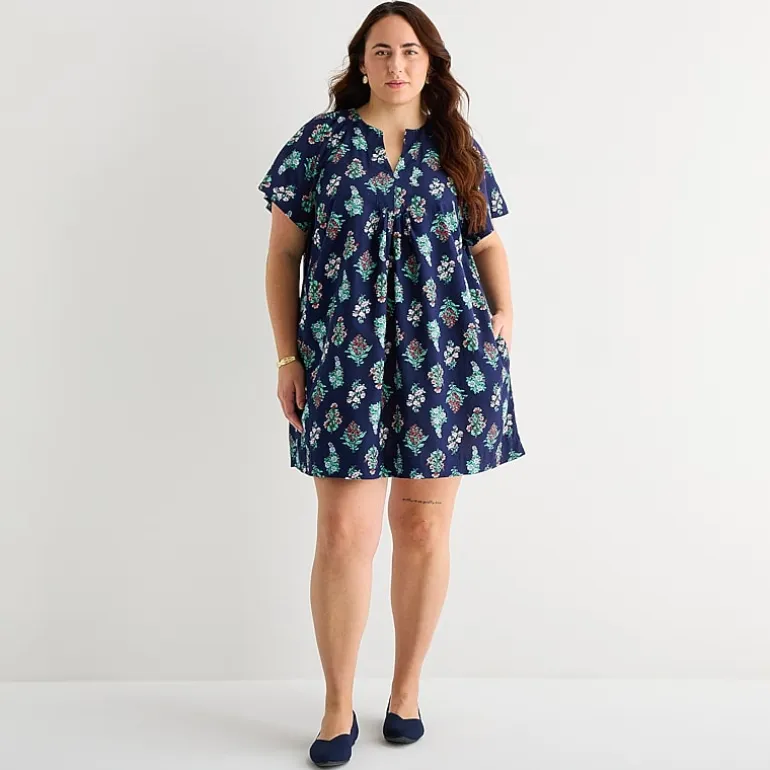 St. John's Bay Womens Plus Split Crew Neck Short Sleeve Sheath Dress