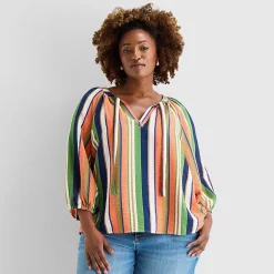 St. John's Bay Womens Plus Split Tie Neck 3/4 Sleeve Blouse