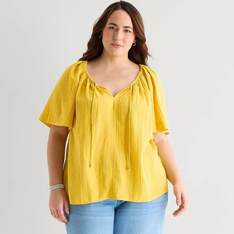 St. John's Bay Womens Plus Split Tie Neck Short Sleeve Blouse