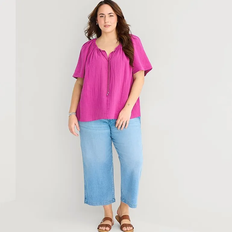 St. John's Bay Womens Plus Split Tie Neck Short Sleeve Blouse