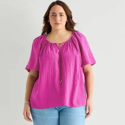 St. John's Bay Womens Plus Split Tie Neck Short Sleeve Blouse