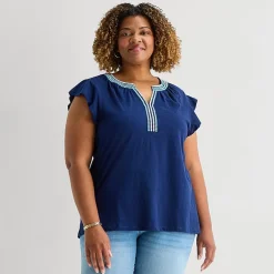 St. John's Bay Womens Plus Split Crew Neck Short Sleeve Blouse