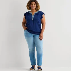 St. John's Bay Womens Plus Split Crew Neck Short Sleeve Blouse