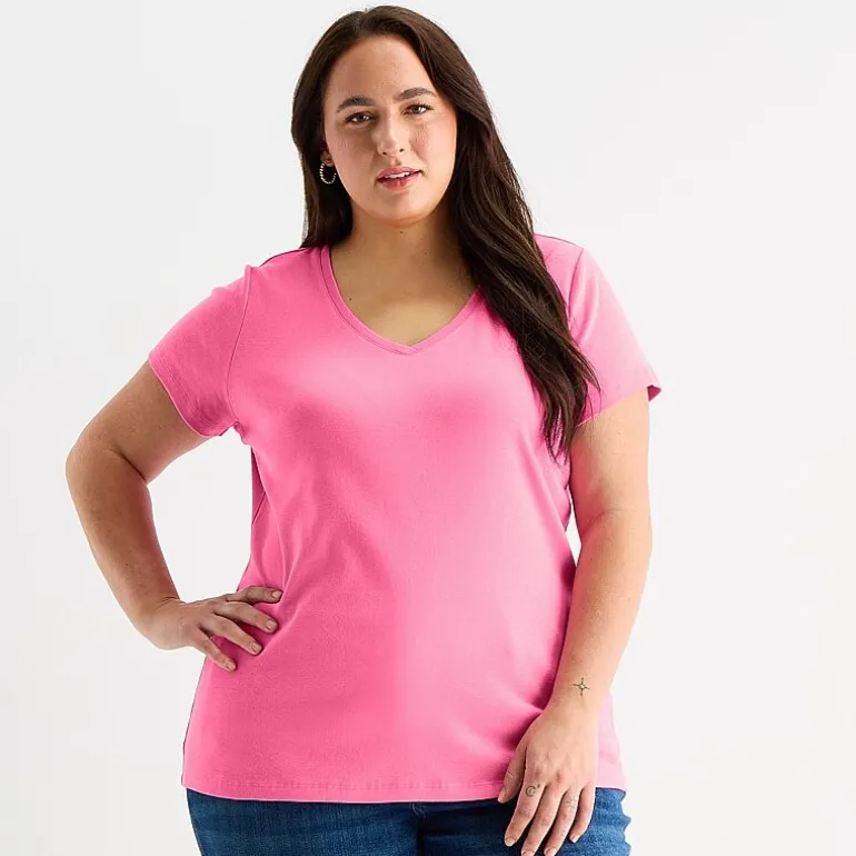 St. John's Bay Womens Plus V Neck Short Sleeve T-Shirt