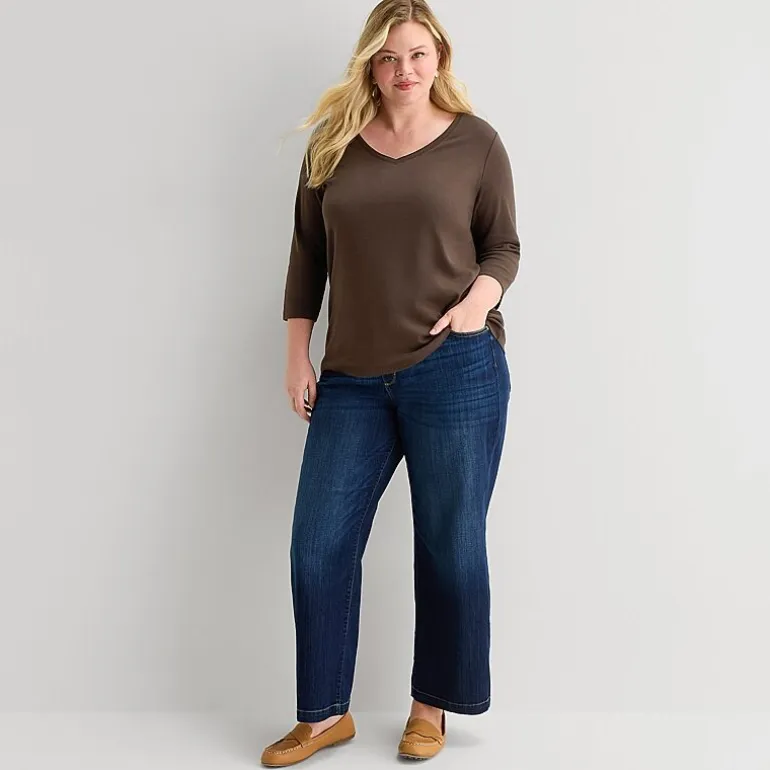 St. John's Bay Womens Plus V Neck 3/4 Sleeve T-Shirt
