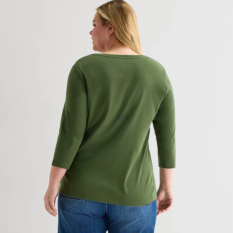 St. John's Bay Womens Plus V Neck 3/4 Sleeve T-Shirt