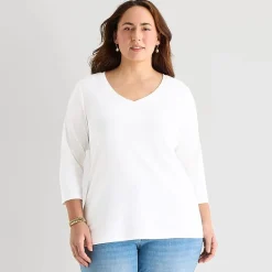 St. John's Bay Womens Plus V Neck 3/4 Sleeve T-Shirt