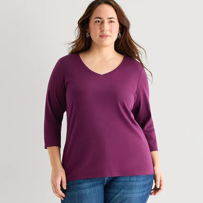 St. John's Bay Womens Plus V Neck 3/4 Sleeve T-Shirt