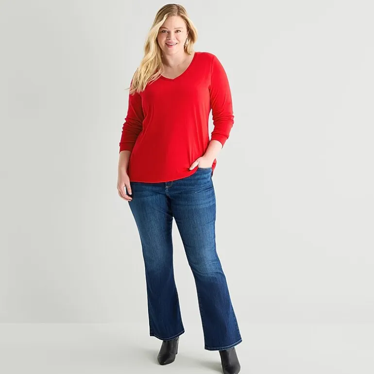 St. John's Bay Womens Plus V Neck Long Sleeve T-Shirt