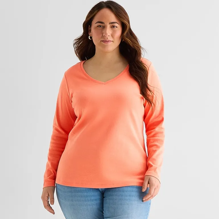 St. John's Bay Womens Plus V Neck Long Sleeve T-Shirt