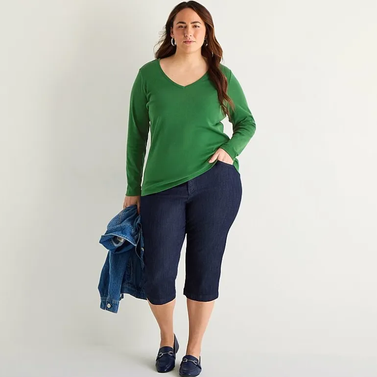 St. John's Bay Womens Plus V Neck Long Sleeve T-Shirt