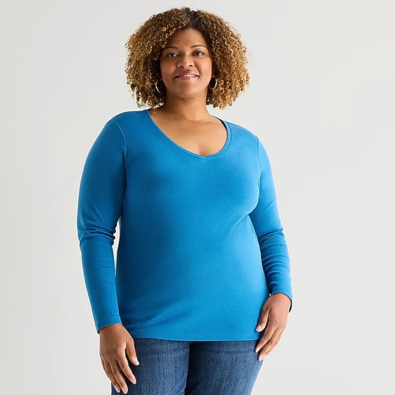 St. John's Bay Womens Plus V Neck Long Sleeve T-Shirt