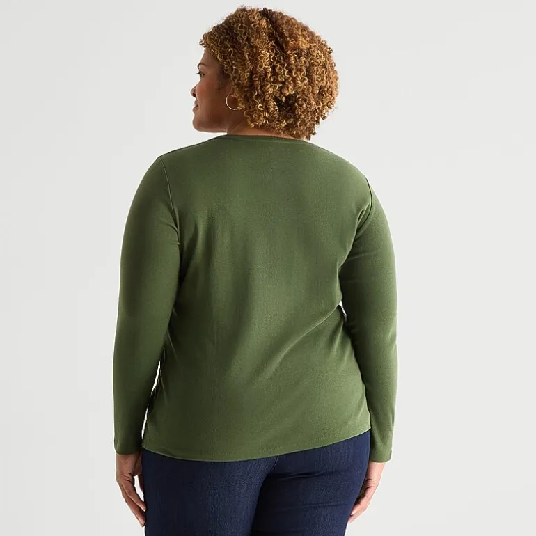 St. John's Bay Womens Plus V Neck Long Sleeve T-Shirt