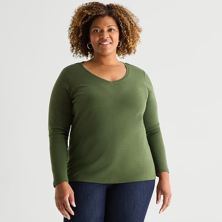 St. John's Bay Womens Plus V Neck Long Sleeve T-Shirt