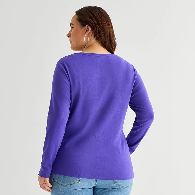 St. John's Bay Womens Plus V Neck Long Sleeve T-Shirt