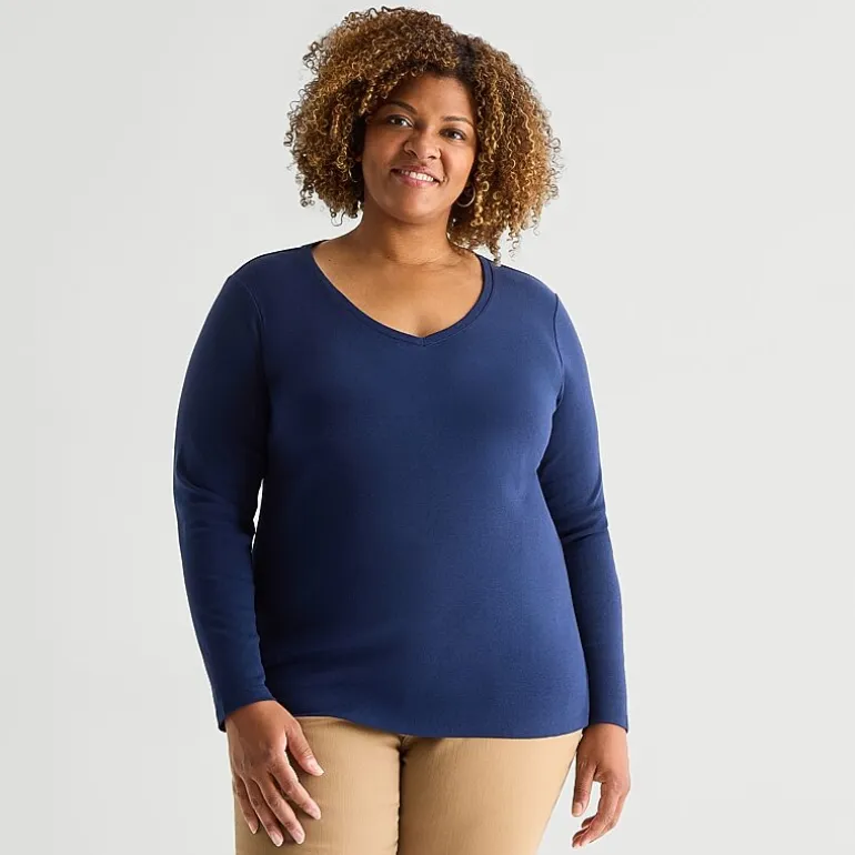 St. John's Bay Womens Plus V Neck Long Sleeve T-Shirt