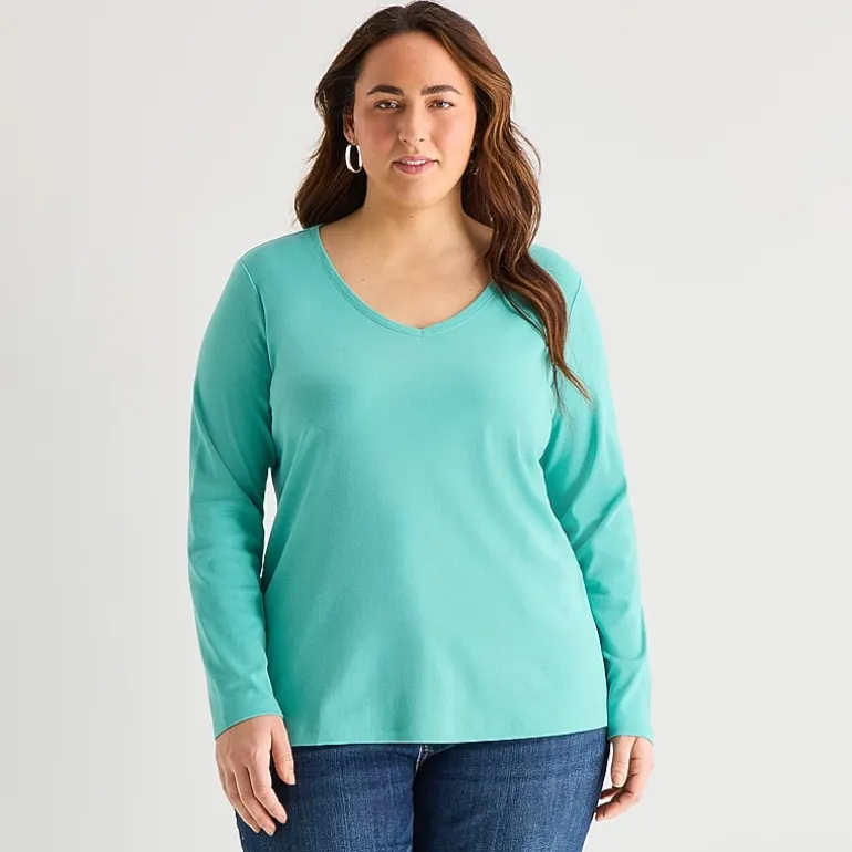 St. John's Bay Womens Plus V Neck Long Sleeve T-Shirt