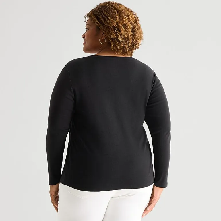St. John's Bay Womens Plus V Neck Long Sleeve T-Shirt