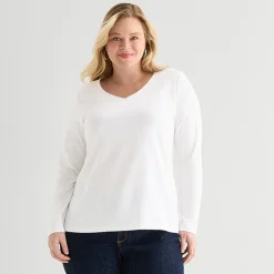 St. John's Bay Womens Plus V Neck Long Sleeve T-Shirt