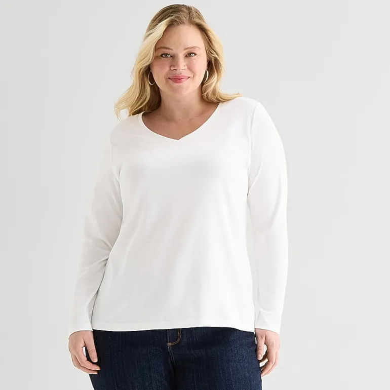 St. John's Bay Womens Plus V Neck Long Sleeve T-Shirt
