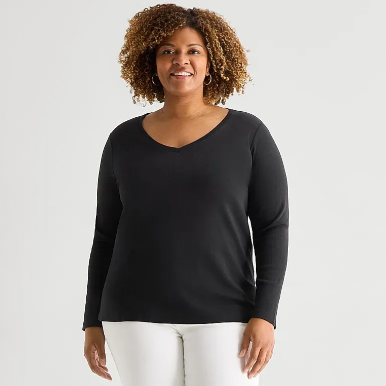 St. John's Bay Womens Plus V Neck Long Sleeve T-Shirt