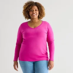 St. John's Bay Womens Plus V Neck Long Sleeve T-Shirt