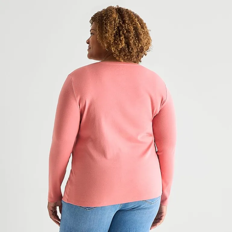 St. John's Bay Womens Plus V Neck Long Sleeve T-Shirt
