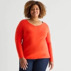 St. John's Bay Womens Plus V Neck Long Sleeve T-Shirt