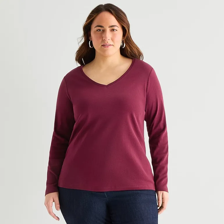 St. John's Bay Womens Plus V Neck Long Sleeve T-Shirt