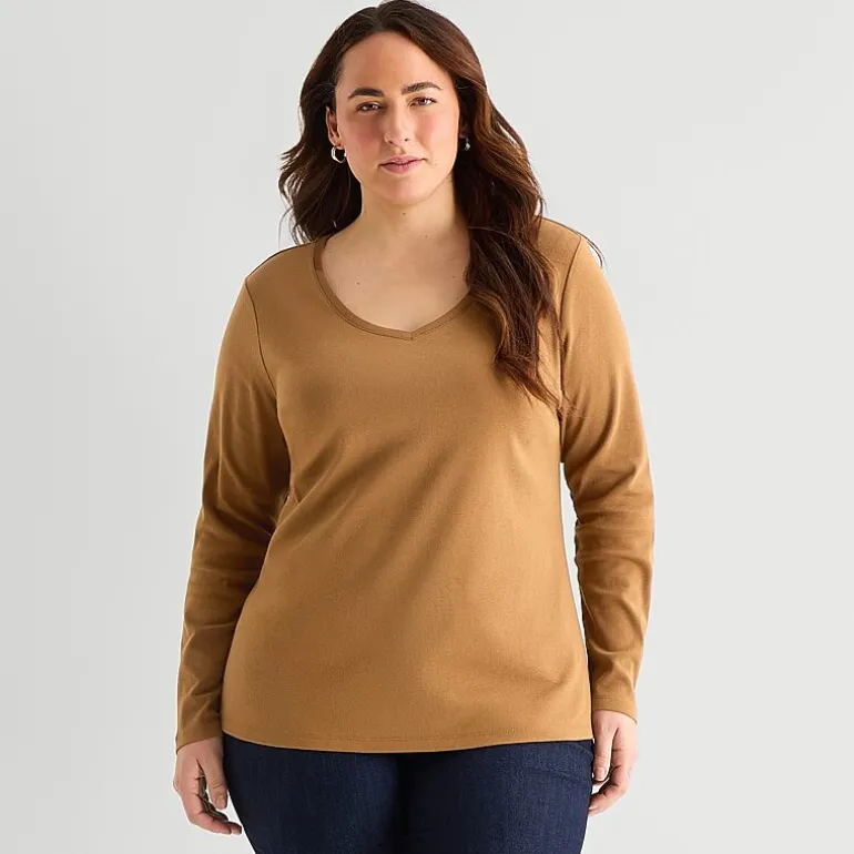 St. John's Bay Womens Plus V Neck Long Sleeve T-Shirt