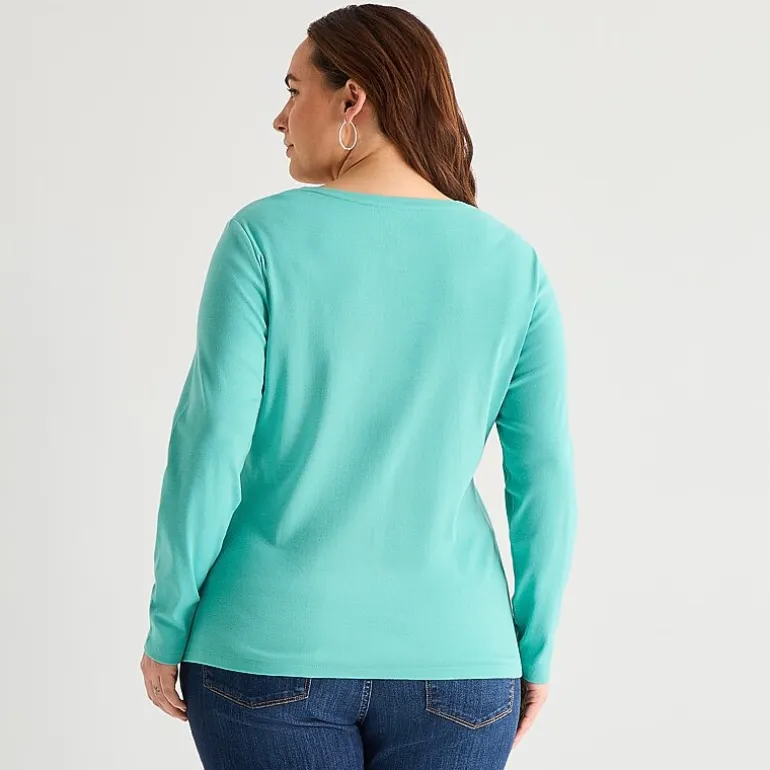 St. John's Bay Womens Plus V Neck Long Sleeve T-Shirt