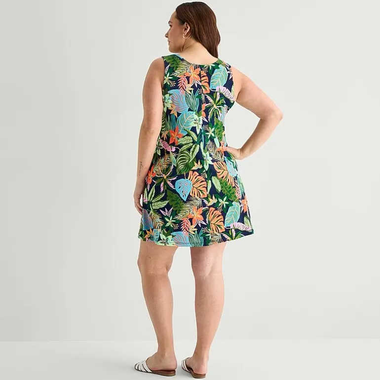 St. John's Bay Womens Plus V Neck Sleeveless Floral A-Line Dress