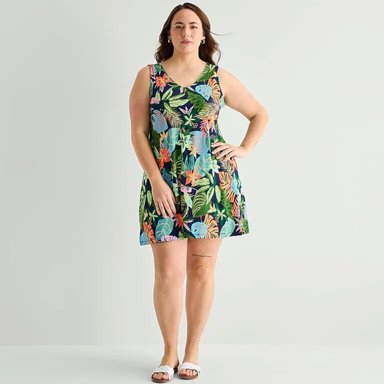 St. John's Bay Womens Plus V Neck Sleeveless Floral A-Line Dress