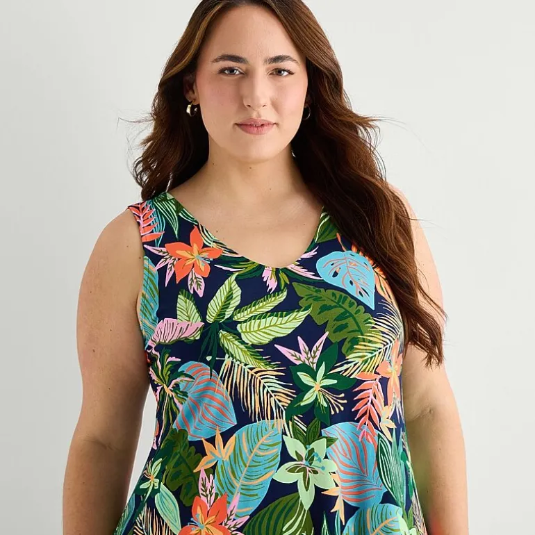 St. John's Bay Womens Plus V Neck Sleeveless Floral A-Line Dress