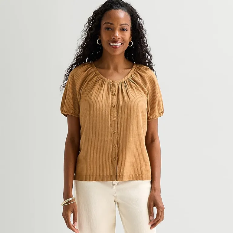 St. John's Bay Womens Round Neck Short Sleeve Regular Fit Button-Down Shirt