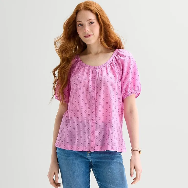 St. John's Bay Womens Round Neck Short Sleeve Regular Fit Button-Down Shirt