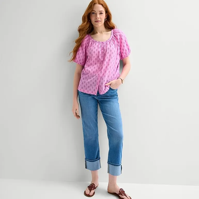 St. John's Bay Womens Round Neck Short Sleeve Regular Fit Button-Down Shirt