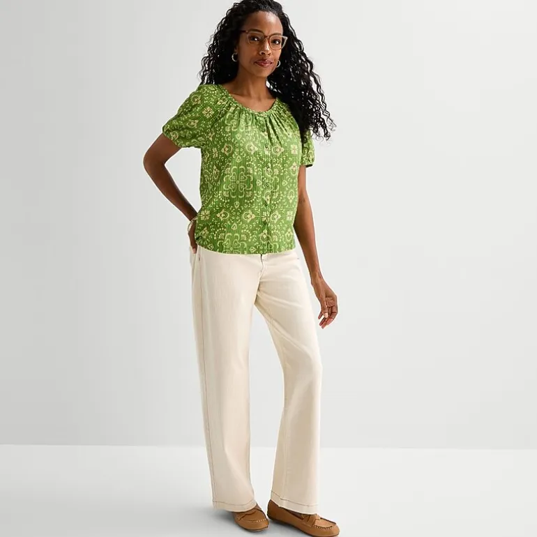 St. John's Bay Womens Round Neck Short Sleeve Regular Fit Button-Down Shirt